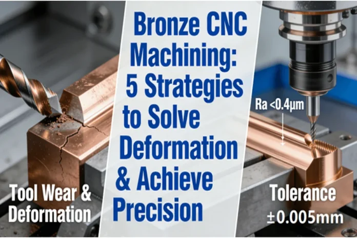Comparison of bronze CNC machining challenges (tool wear, deformation) versus solutions (high-precision tools achieving Ra