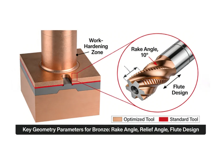 Comparison of bronze CNC machining challenges (tool wear, deformation) versus solutions (high-precision tools achieving Ra