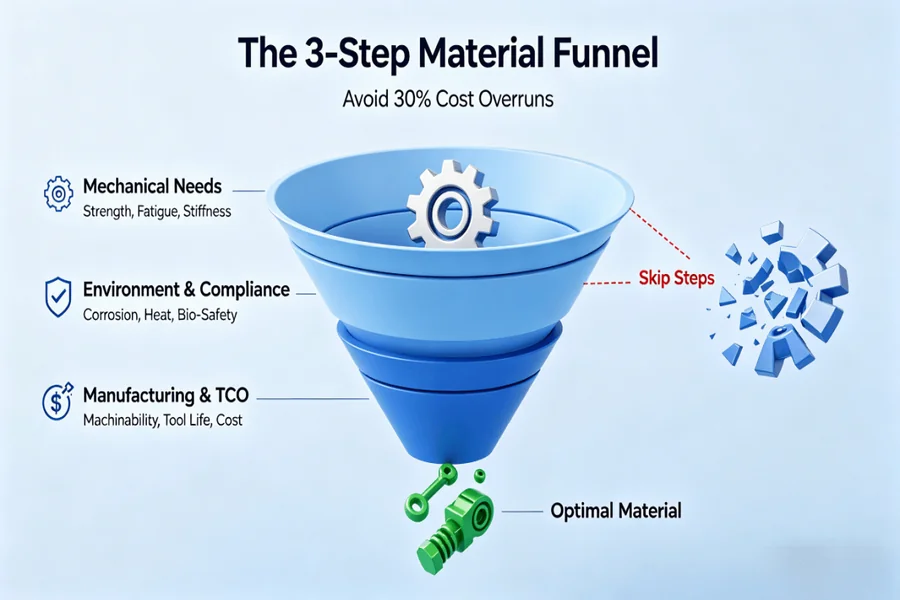 A 3D infographic of a decision funnel illustrating the 3-step material selection process: Functional Needs -> Environmental Filters -> Manufacturing/TCO, with a red “skip steps” path leading to failure, as outlined in the article’s systematic methodology.