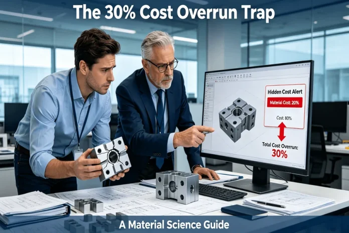 A designer holds a failed, cracked part next to a CAD model showing a hidden cost alert, while a manufacturing engineer points to a successful, identical part made from a different material, illustrating the real-world consequences of poor material selection.