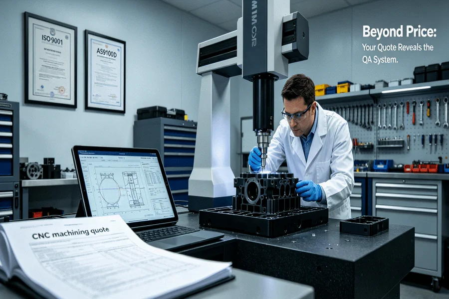 A quality inspector uses a Coordinate Measuring Machine (CMM) to verify part dimensions, representing the rigorous Quality Assurance Systems behind a professional quote.